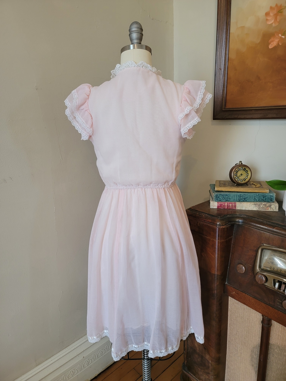 RARE Vintage Gunne Sax Jeunes Filles 1970s Pink Cotton Lace Short Dress S - Picture 6 of 7